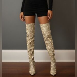 NEW Silver-Gold Shimmer Thigh-High Boots, Heel-5", Tall-27”, Glam & Bold Shine ✨
